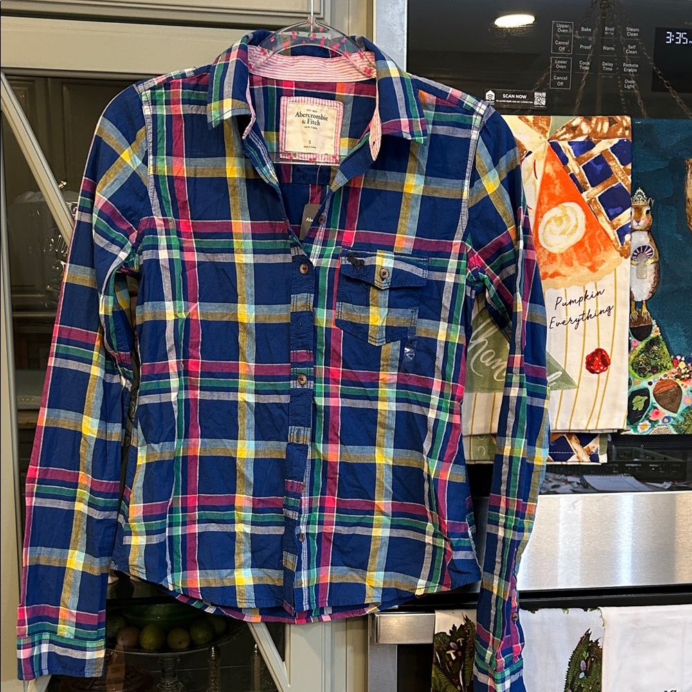 Abercrombie & Fitch Navy Plaid Button-Up Shirt with Pink, Yellow & Green Accents